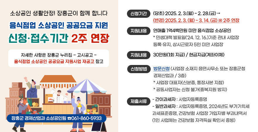 소상공인 생활안정! 장흥군이 함께 합니다 음식점업 소상공인 공공요금 지원 신청·접수기간 2주 연장 신청기간 :(당초) 2025. 2. 3.(월) ~ 2. 28.(금) → (변경) 2025. 2. 3. (월) ~ 3. 14. (금) ※ 2주 연장 지원대상 : 연매출 1억4백만원 미만 음식점업 소상공인 ＊ 민생대책 발표일(\'24. 12. 16.)기준 관내 사업장 등록·유지, 상시근로자 5인 미만 사업장 지원내용 : 30만원(1회 지급) / 현금지급(계좌이체) 신청방법 : 방문신청 - 사업장 소재지 읍면사무소 또는 장흥군청 경제산업과(3층) * 사업장 대표자(신분증, 통장사본 지참) * 공동사업자는 신청 불가(중복지원 방지) 제출서류 - 간이과세자 : 사업자등록증명 - 일반과세자 : 사업자등록증명, 2024년도 부가가치세 과세표준증명, 건강보험 사업장 가입자별 부과내역서(1인 사업체는 건강보험 자격득실 확인서 증빙) ※ 자세한 사항은 장흥군 누리집 - 고시공고 - \'음식점업 소상공인 공공요금 지원사업 재공고\' 참고 ※ 장흥군 경제산업과 소상공인팀(☎061-860-5933)