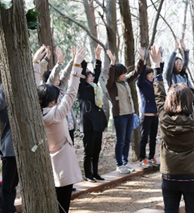 사람들이 숲해설프로그램에 참여하는 모습