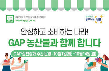 안심하고 소비하는 나라! GAP 농산물과 함께합니다. GAP 시천강화 주간 운영 : 10월 1일(화)~10월 14일(월)