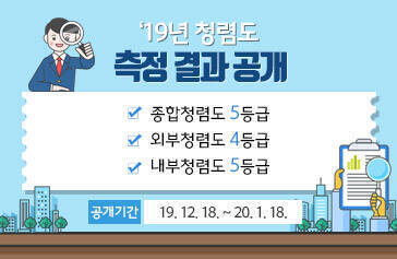 ‘19년 청렴도 측정 결과 공개 - 종합청렴도 5등급 - 외부청렴도 4등급- 내부청렴도 5등급, 공개기간 : 19. 12. 18. ~ 20. 1. 18.