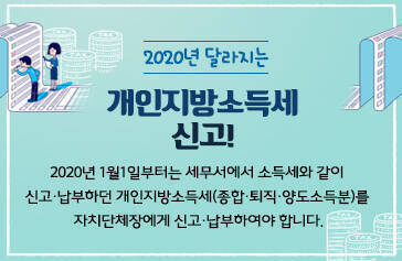 2020년 달라지는 개인지방소득세 신고! 2020년 1월1일부터는 세무서에서 소득세와 같이  신고·납부하던 개인지방소득세(종합·퇴직·양도소득분)를  자치단체장에게 신고·납부하여야 합니다.