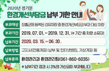 2020년 정기분 환경개선부담금 납부 기한 안내 부과대상 : 장흥군에 등록된 경유차량 중 환경개선부담금 부과 대상 차량 부과기간 : 2019. 07. 01. ~ 2019. 12. 31. (※ 기간 중 차량 소유자) 납부기간 : 2020. 03. 15. ~ 06. 30. 납부방법 : 고지서(전용계좌) 납부 및 인터넷뱅킹, 가상계좌 등 납부문의 : 환경관리과 환경관리팀(061-860-6035)                   ※ 납부기간 경과 시 3%의 가산금이 부과됩니다.