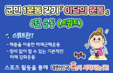 군민1운동 갖기 이달의 운동 6월 운동 스쿼트 스쿼트란? 체중을 이용한 하체근력운동 장비 없이 할 수 있는 기본적인 하체 강화운동 스포츠 활동을 통해 대한민국 흥이 시작되는 곳!