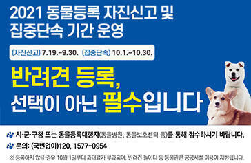 2021 동물등록 자진신고 및 집중단속 기간 운영 (자진신고) 7. 19~9. 30. (집중단속) 10. 1. ~ 10. 30. 반려견 등록, 선택이 아닌 필수 입니다. 시군구청 또는 동물등록대행자(동물병원, 동물보호센터 등)를 통해 접수하시기 바랍니다. 문의 : (국번없이) 120, 1577-0954 ※ 등록하지 않을 경우 10월 1일부터 과태료가 부과되며, 반려견 놀이터 등 동물관련 공공시설 이용이 제한됩니다.