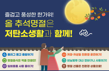 즐겁고 풍성한 한가위! 올 추석명절은 저탄소생활과 함께! 플러그 뽑고 출발하기! 명절음식은 먹을 만큼만! 일회용품 사용 줄이기! 귀경 귀성일 친환경 운전하기! 비닐봉투 대신 장바구니 사용하기! 명절 선물은 친환경 상품으로!