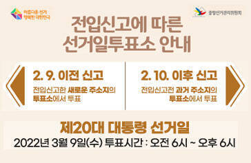 전입신고에 따른 선거일투표소 안내 2. 9. 이전신고 : 전입신고한 새로운 주소지의 투표소에서 투표 2. 10. 이후 신고 : 전입신고전 과거 주소지의 투표소에서 투표 제20대 대통령 선거일 2022년 3월 9일(수) 투표시간 : 오전 6시 ~ 오후6시
