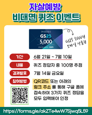 자살예방 비대면 퀴즈 이벤트 경품: GS25 5000원 모바일 상품권 기간: 6월21일~7월10일 내용: 퀴즈 정답자 중  100명 추첨 결과발표: 7월 14일 금요일 참여방법: QR코드 또는 아래의 링크주소를 통해 구글 폼에 접속하여 3가지 퀴즈 정답을 모두 입력해야 인정 https://forms.gle/akZTe4wW7Sjwq5L59