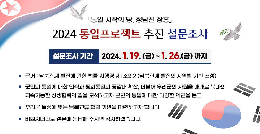 「통일 시작의 땅, 정남진 장흥」 2024 통일프로젝트 추진 설문조사 설문조사 기간:2024. 1. 19. (금) ~ 1. 26.(금) 까지 -근거 : 남북관계 발전에 관한 법률 시행령 제1조의2 (남북관계 발전의 지역별 기반 조성) -군민의 통일에 대한 인식과 평화통일의 공감대 확산, 더불어 우리군의 자원을 매개로 북과의 지속가능한 상생협력의 길을 모색하고자 군민의 통일에 대한 다양한 의견을 듣고 -우리군 특성에 맞는 남북교류 협력 기반을 마련하고자 합니다. -바쁘시더라도 설문에 응답해 주시면 감사하겠습니다.