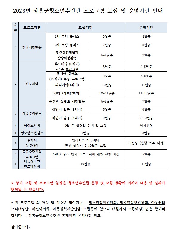 2023년 장흥군청소년수련관 프로그램 모집 및 운영기간 안내 현장체험활동 쿠킹클래스 광주안전체험관 진로체험 우드버닝 통기타 클래스 파티시에 캘리그래피 순천만 잡월드 체험활동 학습문화센터 청소년수련캠프 길거리 농구대회 공공수련시설 프로그램 아동청소년 진로박람회